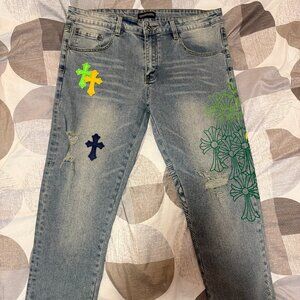 Chrome Hearts Slim Fit Stretch Denim Cross Patch Jeans Light Wash Size 36